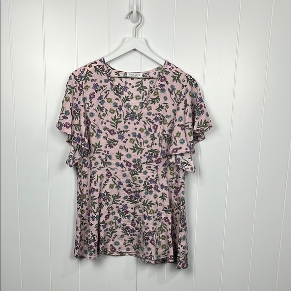 First Love Womens Top S Lilac Blue Floral Print Flutter Sleeves Pullover Pretty - Picture 1 of 9